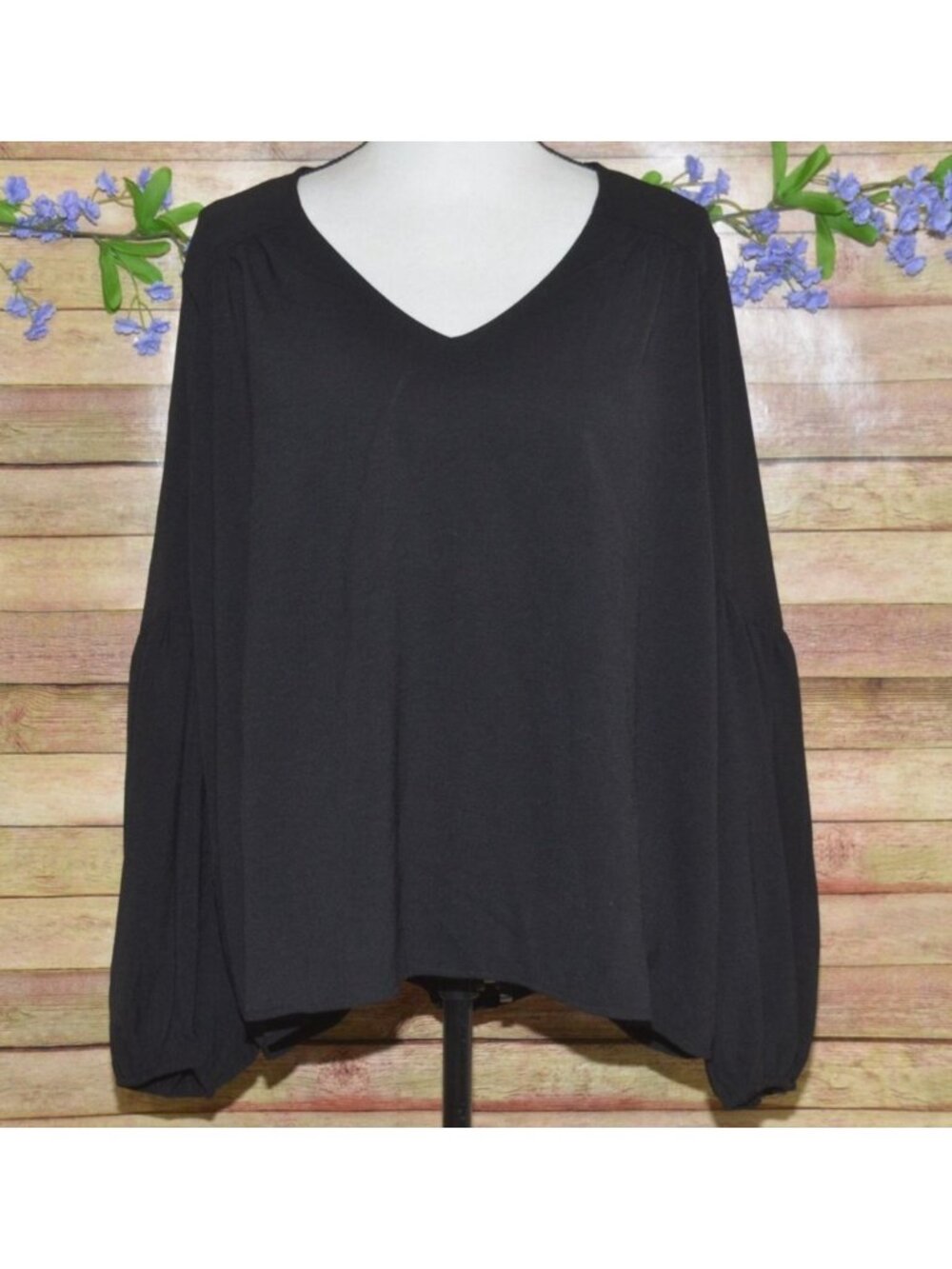 ee:some Ladies Black V-Neck Pullover Blouse Top Size L Balloon Sleeves Career